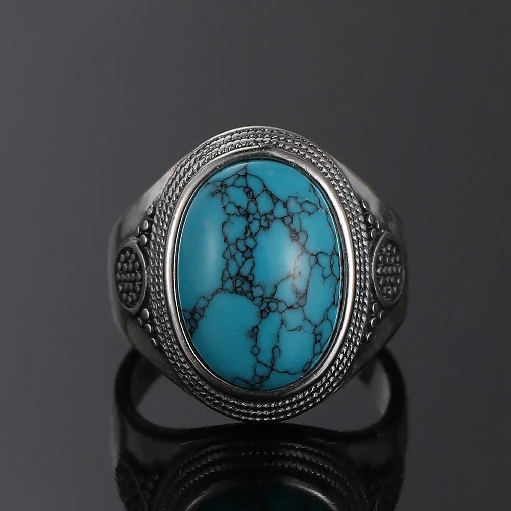 Luxury Vintage S925 Silver Ring 10x14MM Big Oval Natural Turquoise Rings for Women Men Fine Jewelry Party Gift