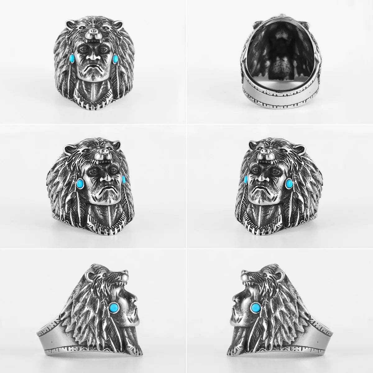 Aborigine Ring 316L Stainless Steel Men Rings Turquoise Vintage Rock for Male Rider Jewelry Halloween Creativity Gift Wholesale
