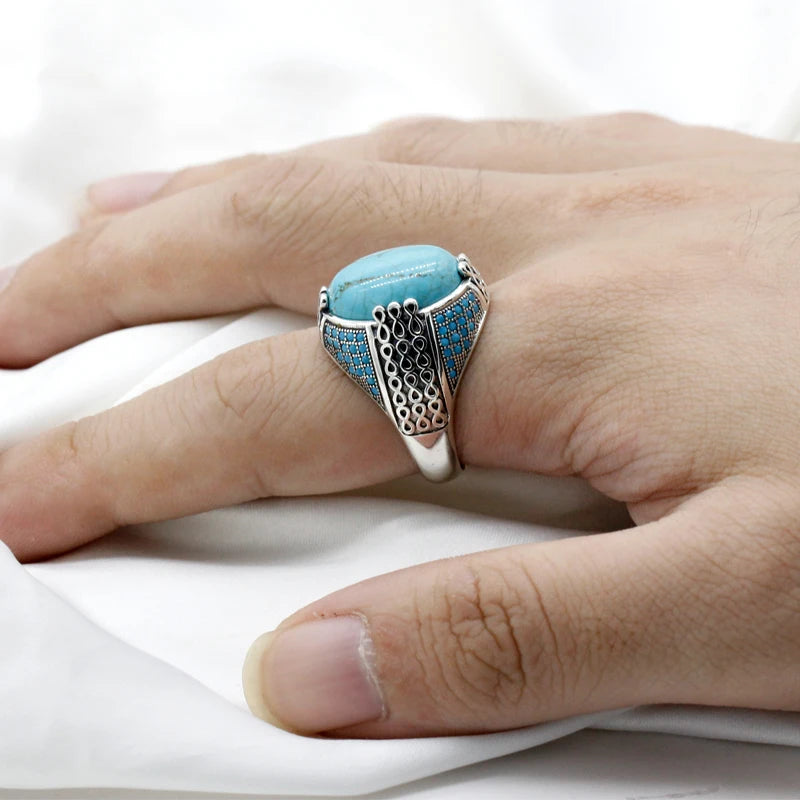 Natural Turquoise Stone Ring For Men Solid 925 Silver Male Ring Chains Vintage Party Ring Cool Style Turkey Ring for Women