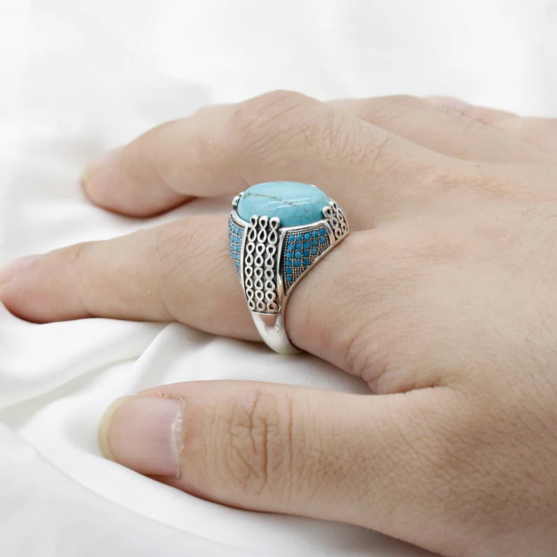 Natural Turquoise Stone Ring For Men Solid 925 Silver Male Ring Chains Vintage Party Ring Cool Style Turkey Ring for Women