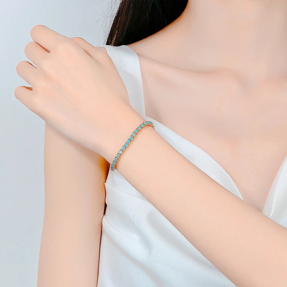 925 Sterling Silver Tennis Bracelet – 3mm Turquoise Blue CZ, 15–21cm, Rhodium/Gold Plated, Elegant Unisex Jewelry