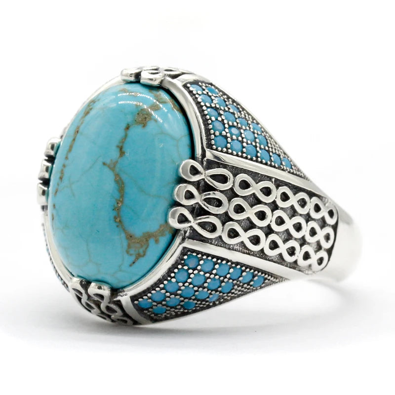 Natural Turquoise Stone Ring For Men Solid 925 Silver Male Ring Chains Vintage Party Ring Cool Style Turkey Ring for Women