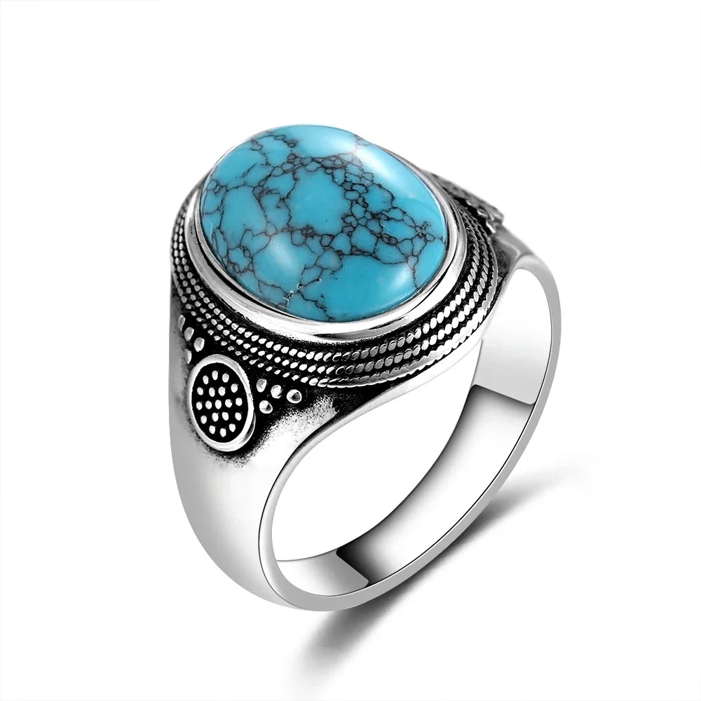 Luxury Vintage S925 Silver Ring 10x14MM Big Oval Natural Turquoise Rings for Women Men Fine Jewelry Party Gift