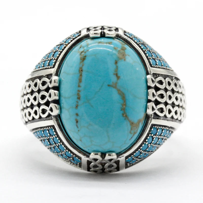 Natural Turquoise Stone Ring For Men Solid 925 Silver Male Ring Chains Vintage Party Ring Cool Style Turkey Ring for Women