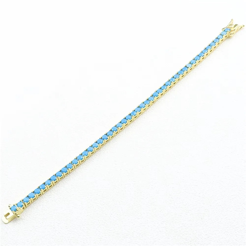 925 Sterling Silver Tennis Bracelet – 3mm Turquoise Blue CZ, 15–21cm, Rhodium/Gold Plated, Elegant Unisex Jewelry