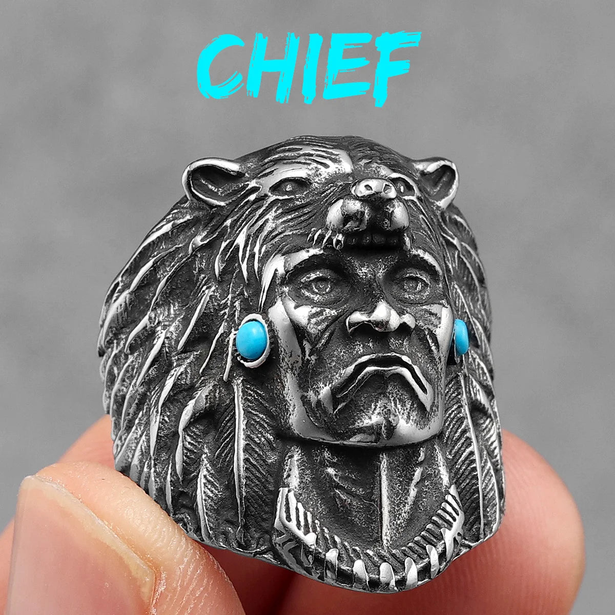 Aborigine Ring 316L Stainless Steel Men Rings Turquoise Vintage Rock for Male Rider Jewelry Halloween Creativity Gift Wholesale