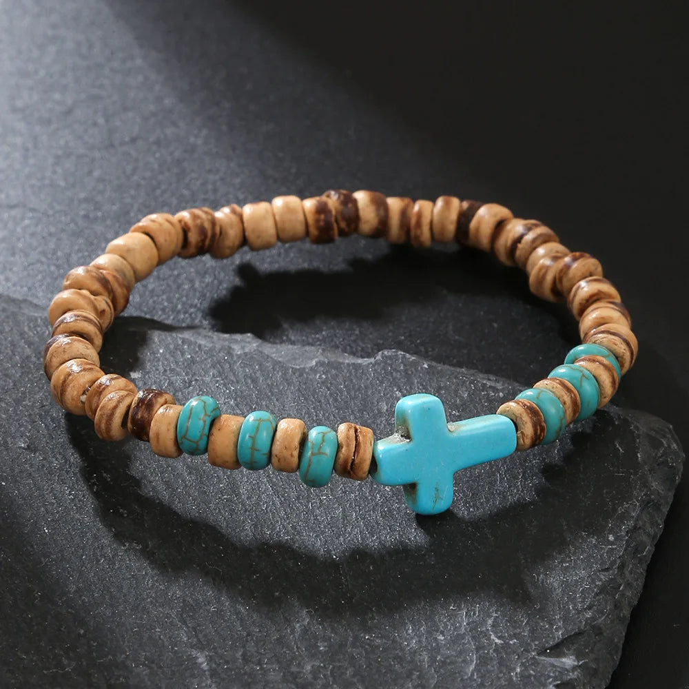 Bohemian Coconut Shell Wood Chips Cross Bracelet For Men Retro Handmade Beaded Jewelry Fashion Accessories Gifts