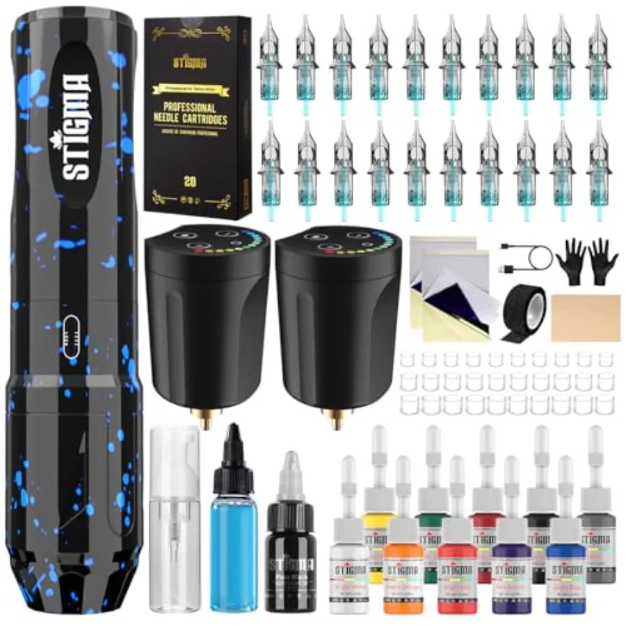 Complete wireless tattoo gun kit with rotary pen design for beginners and professionals includes 2 rechargeable batteries 20 ca