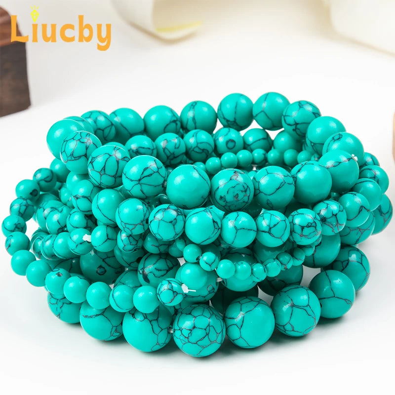 Green Turquoises Bracelets Handmade Stone Round Ripple pattern Beads Fashion woman bright Handstring 15" Strand 4/6/8/10/12/14MM