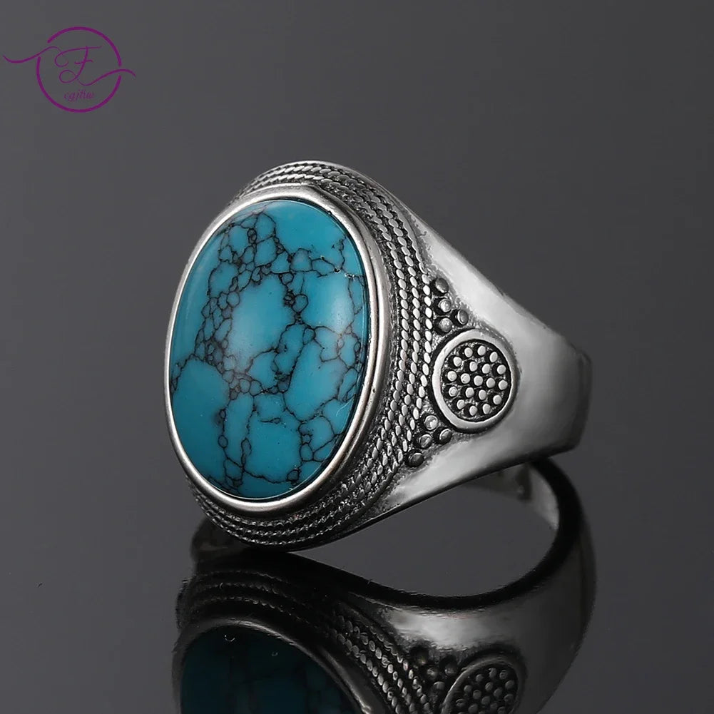 Luxury Vintage S925 Silver Ring 10x14MM Big Oval Natural Turquoise Rings for Women Men Fine Jewelry Party Gift