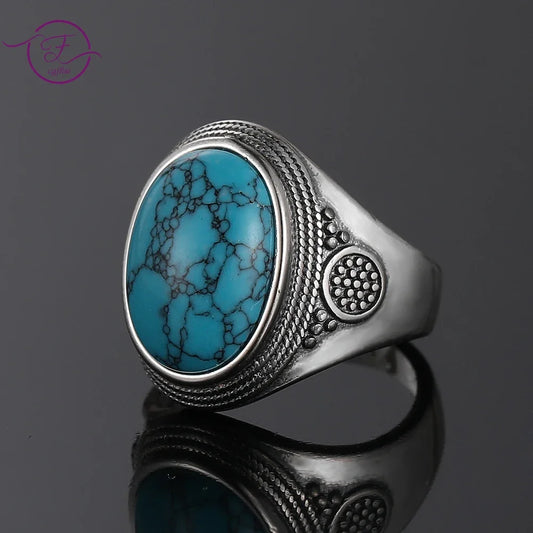 Luxury Vintage S925 Silver Ring 10x14MM Big Oval Natural Turquoise Rings for Women Men Fine Jewelry Party Gift