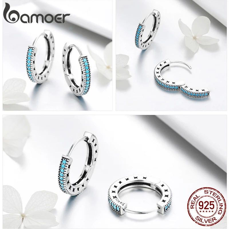 Bamoer Genuine 925 Sterling Silver Blue Turquoise Hollow Star Hoop Earrings for Women Geometric Silver Ear Buckles Jewelry Gift