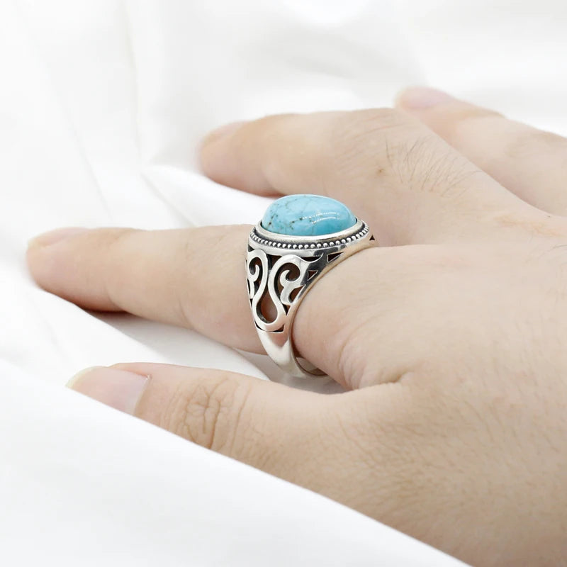 New Hot Selling 925 Sterling Silver Men's Ring Large Turquoise Men's Punk Ring High Jewelry
