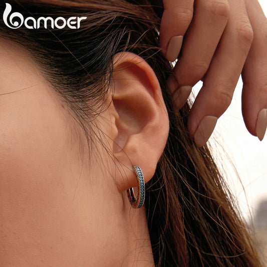 Bamoer Genuine 925 Sterling Silver Blue Turquoise Hollow Star Hoop Earrings for Women Geometric Silver Ear Buckles Jewelry Gift