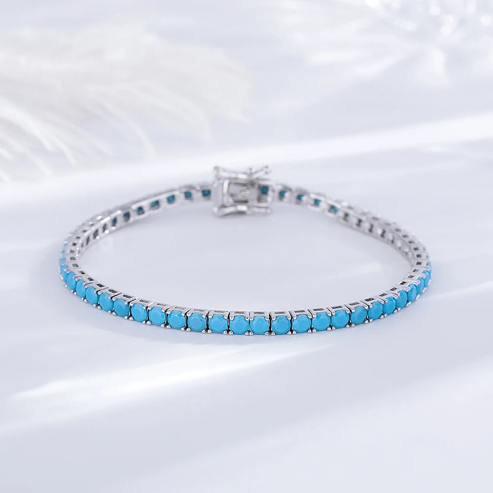 925 Sterling Silver Tennis Bracelet – 3mm Turquoise Blue CZ, 15–21cm, Rhodium/Gold Plated, Elegant Unisex Jewelry