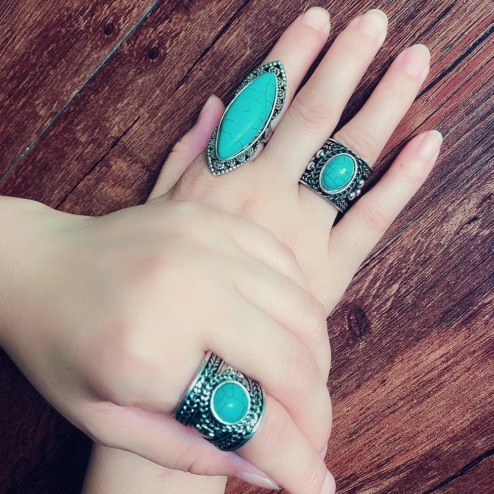 Yumfeel Brand New Tibetan Silver Vintage Turquoise Ring Women 3 Model Choice Finger Ring Jewelry