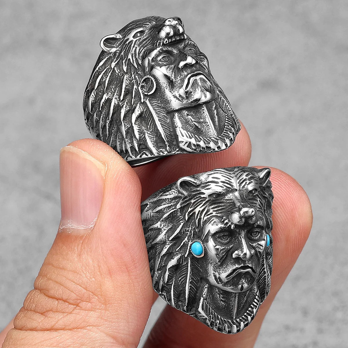 Aborigine Ring 316L Stainless Steel Men Rings Turquoise Vintage Rock for Male Rider Jewelry Halloween Creativity Gift Wholesale