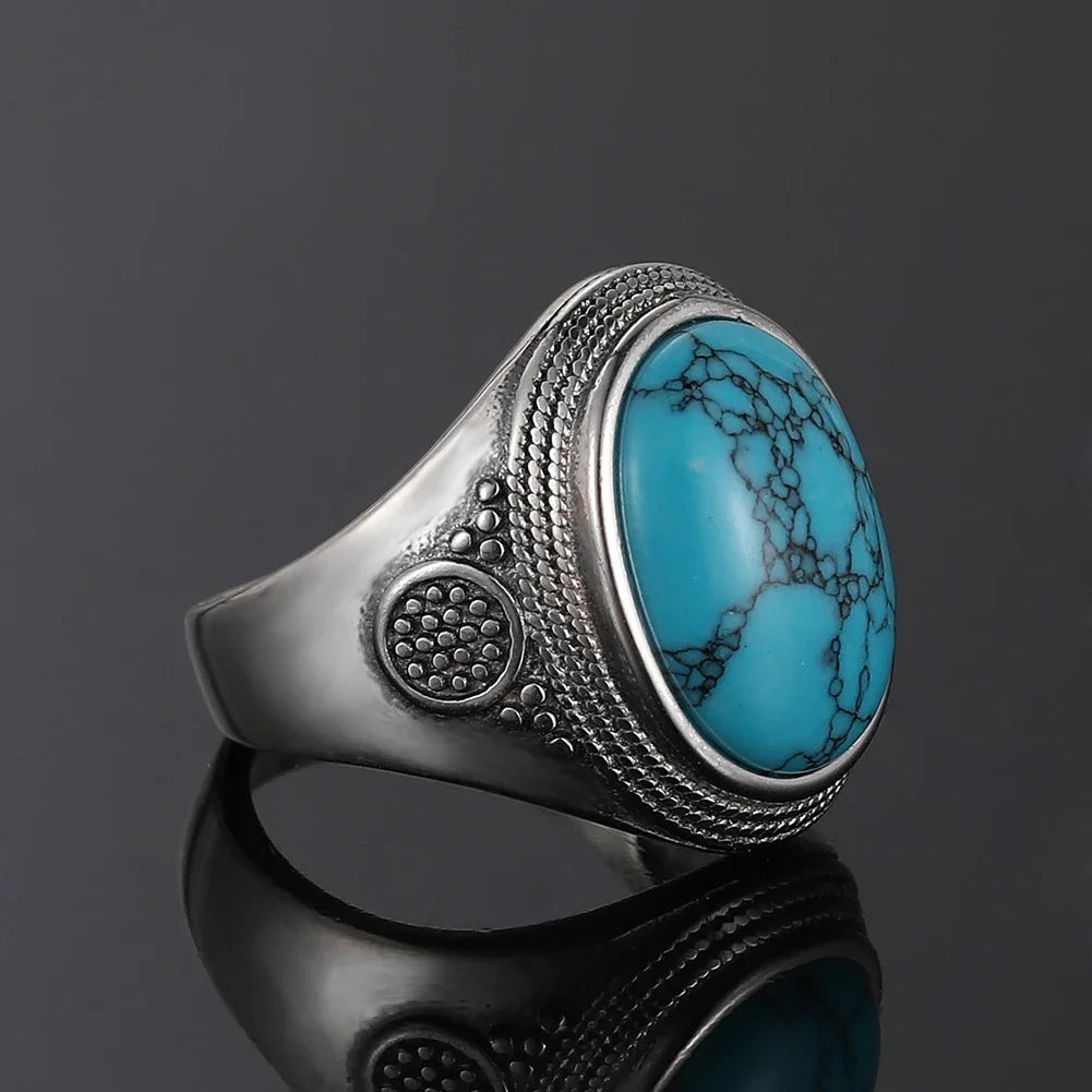 Luxury Vintage S925 Silver Ring 10x14MM Big Oval Natural Turquoise Rings for Women Men Fine Jewelry Party Gift