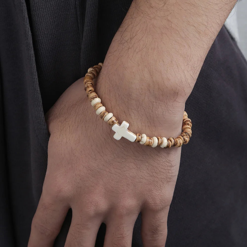 Bohemian Coconut Shell Wood Chips Cross Bracelet For Men Retro Handmade Beaded Jewelry Fashion Accessories Gifts