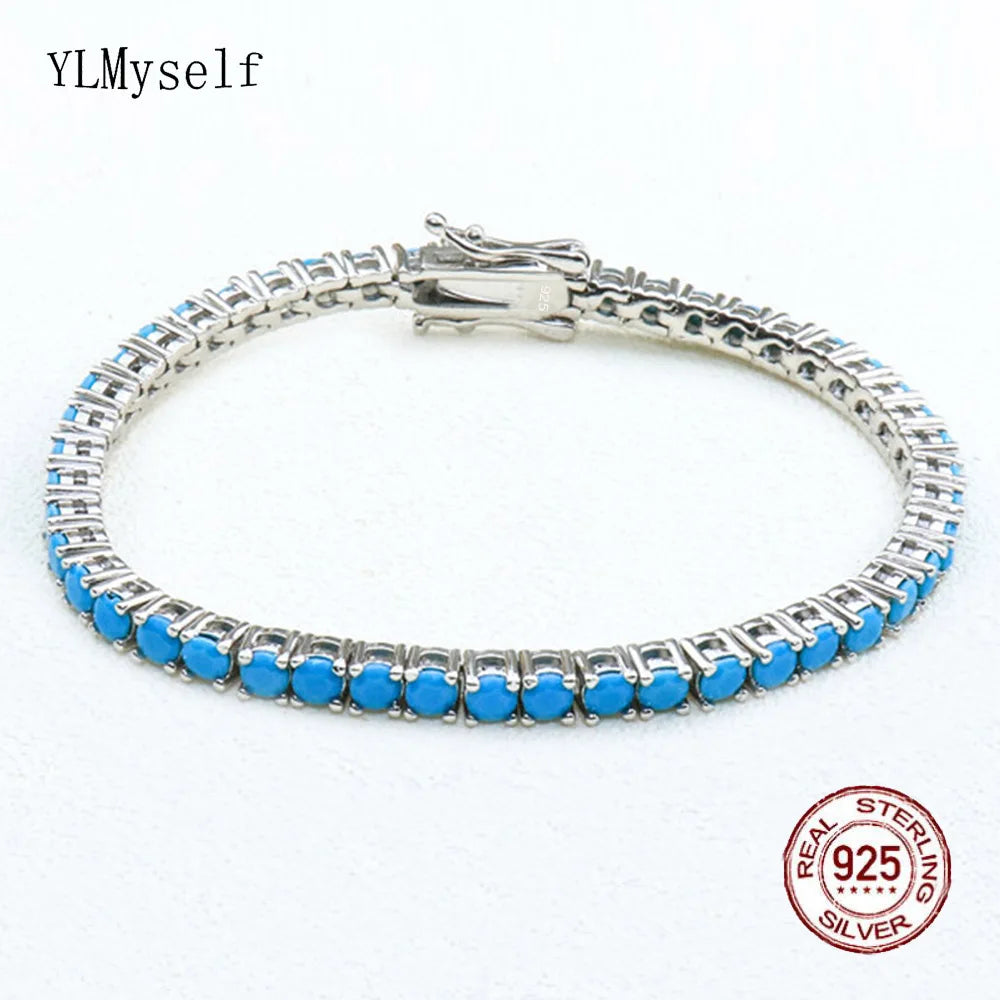 925 Sterling Silver Tennis Bracelet – 3mm Turquoise Blue CZ, 15–21cm, Rhodium/Gold Plated, Elegant Unisex Jewelry