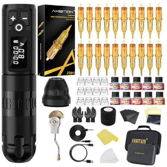 Complete Rotary Wireless Tattoo Pen Gun Kit with 20pcs Glory Tattoo Cartridge Needles and Practice Skin Supplies for Beginners