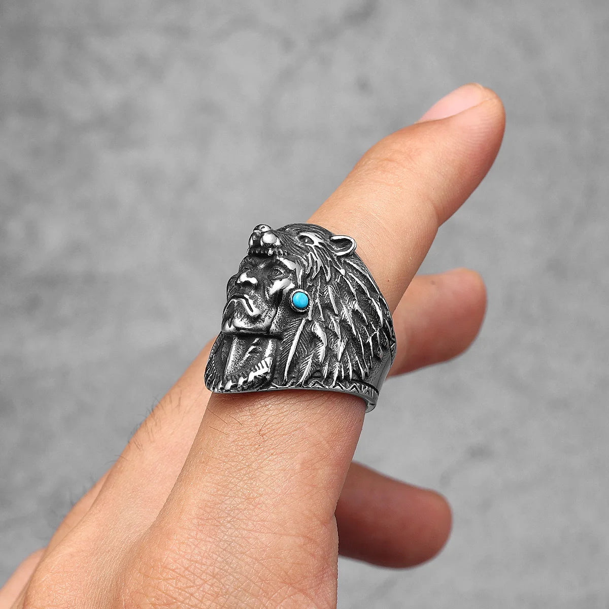 Aborigine Ring 316L Stainless Steel Men Rings Turquoise Vintage Rock for Male Rider Jewelry Halloween Creativity Gift Wholesale