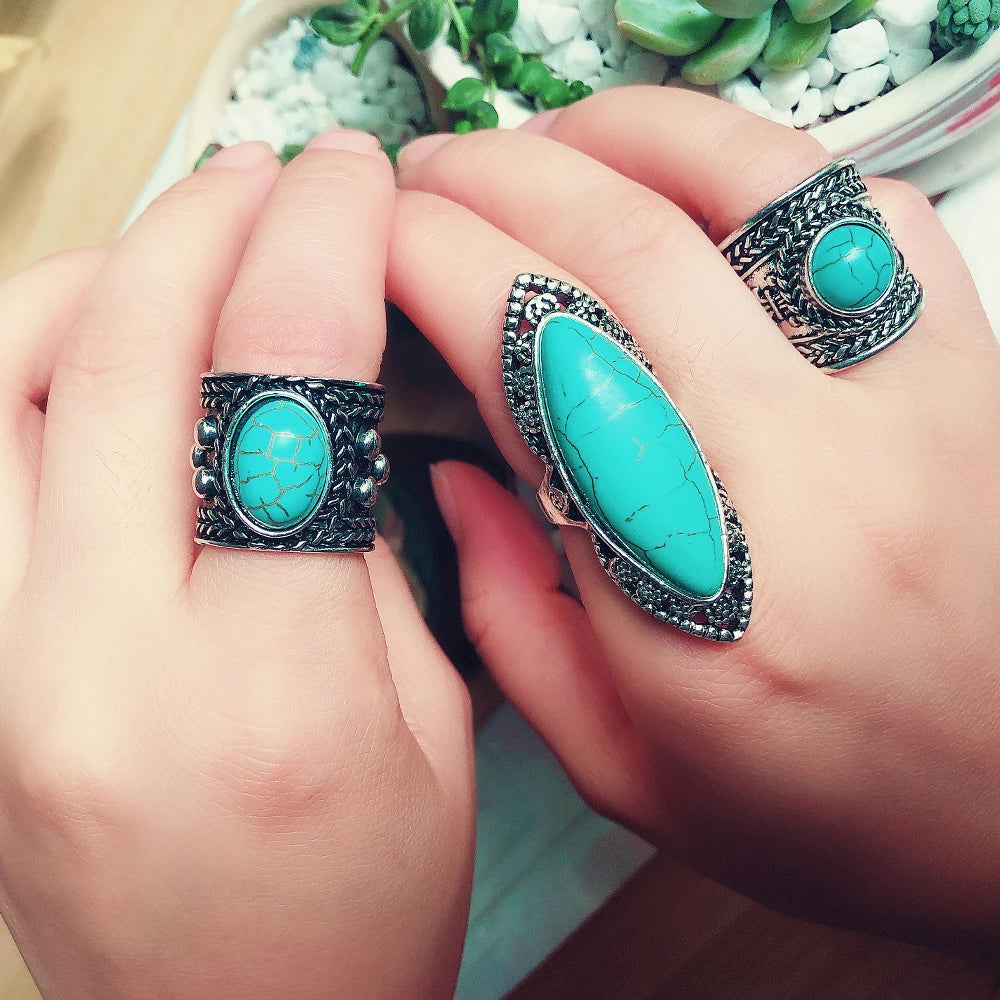 Yumfeel Brand New Tibetan Silver Vintage Turquoise Ring Women 3 Model Choice Finger Ring Jewelry