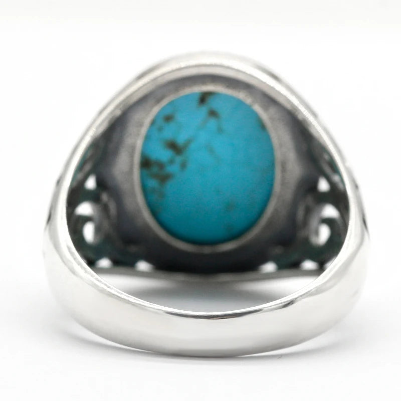 New Hot Selling 925 Sterling Silver Men's Ring Large Turquoise Men's Punk Ring High Jewelry