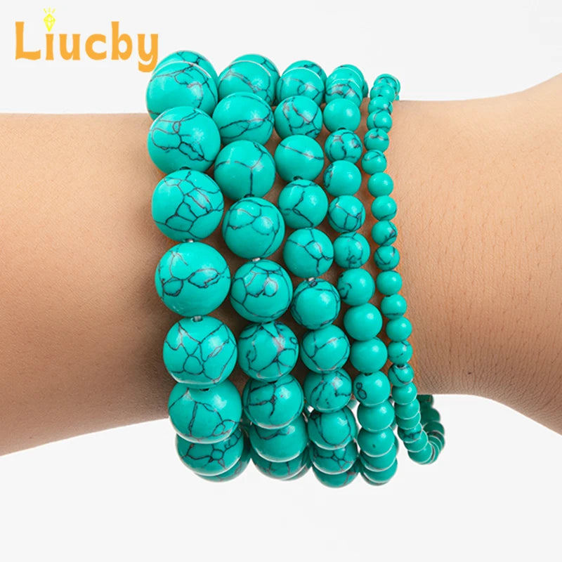 Green Turquoises Bracelets Handmade Stone Round Ripple pattern Beads Fashion woman bright Handstring 15" Strand 4/6/8/10/12/14MM
