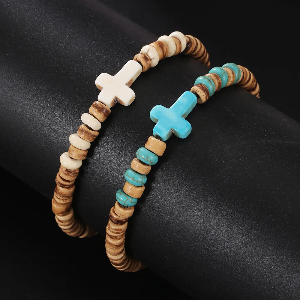 Bohemian Coconut Shell Wood Chips Cross Bracelet For Men Retro Handmade Beaded Jewelry Fashion Accessories Gifts