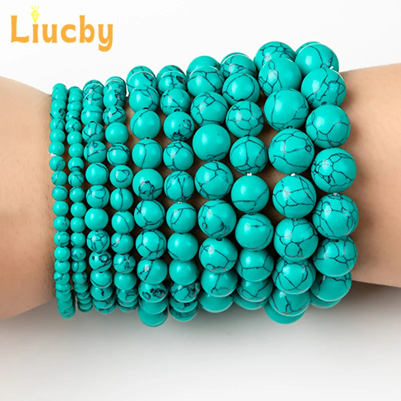 Green Turquoises Bracelets Handmade Stone Round Ripple pattern Beads Fashion woman bright Handstring 15" Strand 4/6/8/10/12/14MM