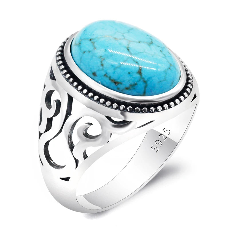New Hot Selling 925 Sterling Silver Men's Ring Large Turquoise Men's Punk Ring High Jewelry