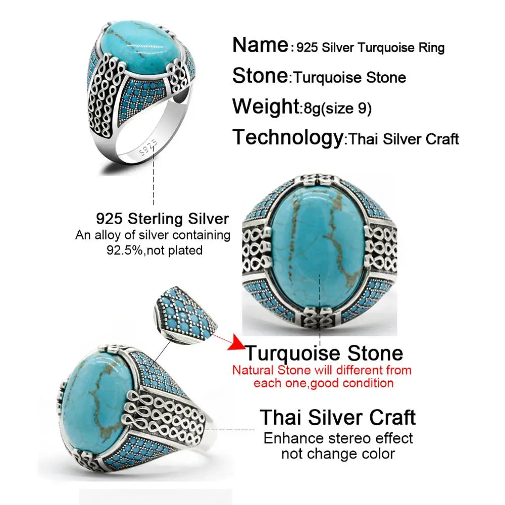 Natural Turquoise Stone Ring For Men Solid 925 Silver Male Ring Chains Vintage Party Ring Cool Style Turkey Ring for Women