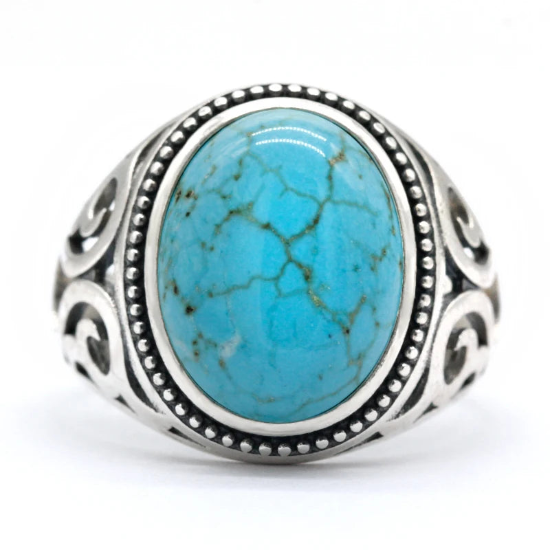 New Hot Selling 925 Sterling Silver Men's Ring Large Turquoise Men's Punk Ring High Jewelry