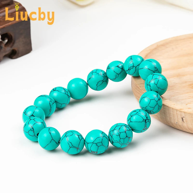 Green Turquoises Bracelets Handmade Stone Round Ripple pattern Beads Fashion woman bright Handstring 15" Strand 4/6/8/10/12/14MM