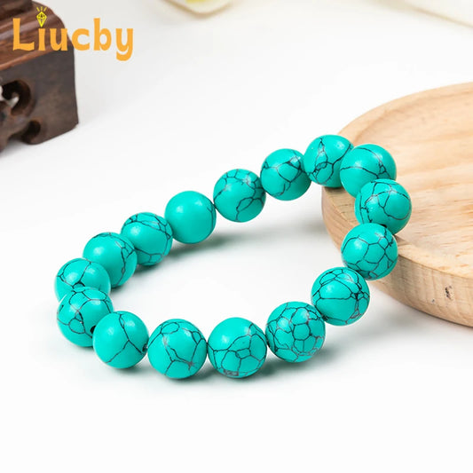 Green Turquoises Bracelets Handmade Stone Round Ripple pattern Beads Fashion woman bright Handstring 15" Strand 4/6/8/10/12/14MM