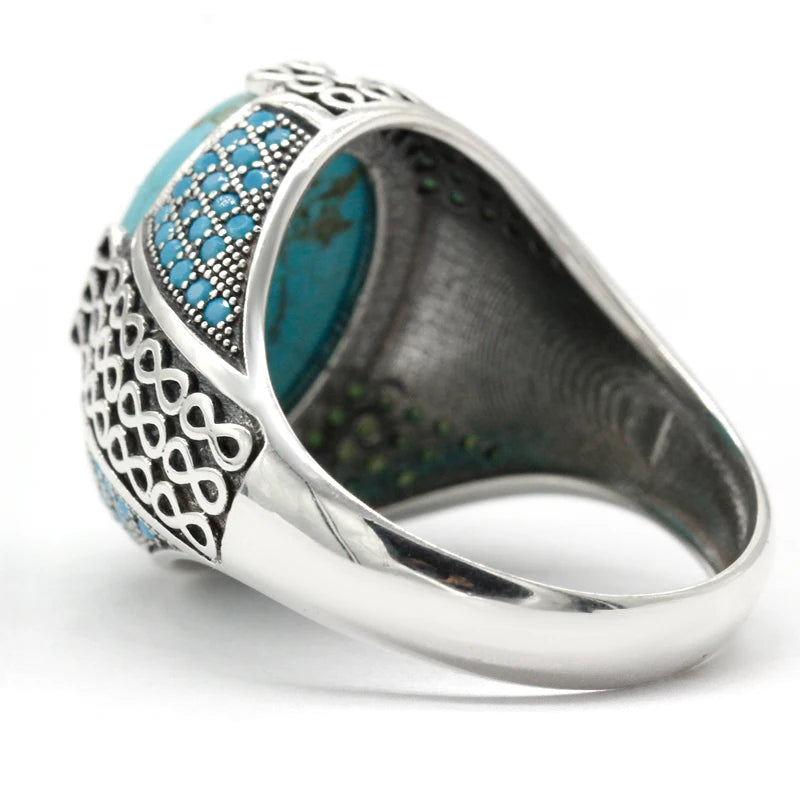 Natural Turquoise Stone Ring For Men Solid 925 Silver Male Ring Chains Vintage Party Ring Cool Style Turkey Ring for Women
