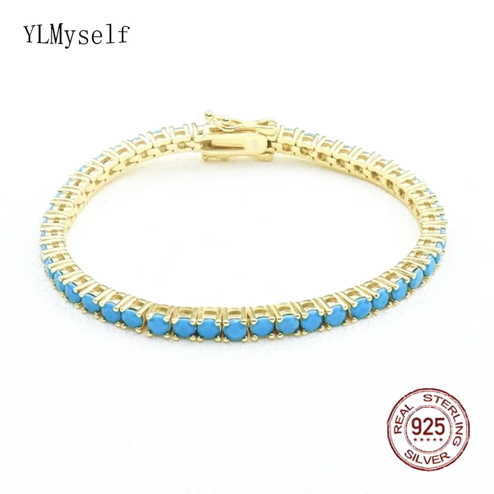 925 Sterling Silver Tennis Bracelet – 3mm Turquoise Blue CZ, 15–21cm, Rhodium/Gold Plated, Elegant Unisex Jewelry
