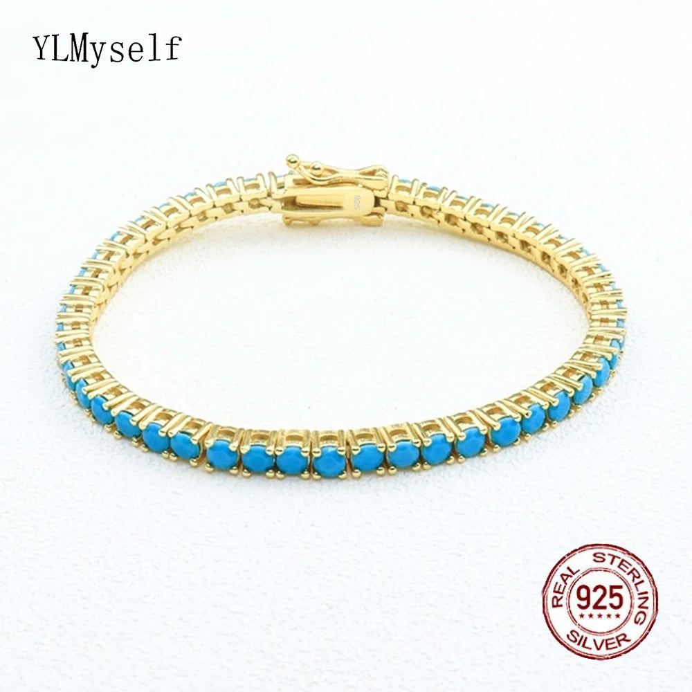925 Sterling Silver Tennis Bracelet – 3mm Turquoise Blue CZ, 15–21cm, Rhodium/Gold Plated, Elegant Unisex Jewelry