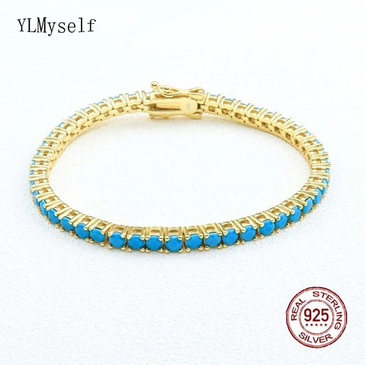925 Sterling Silver Tennis Bracelet – 3mm Turquoise Blue CZ, 15–21cm, Rhodium/Gold Plated, Elegant Unisex Jewelry