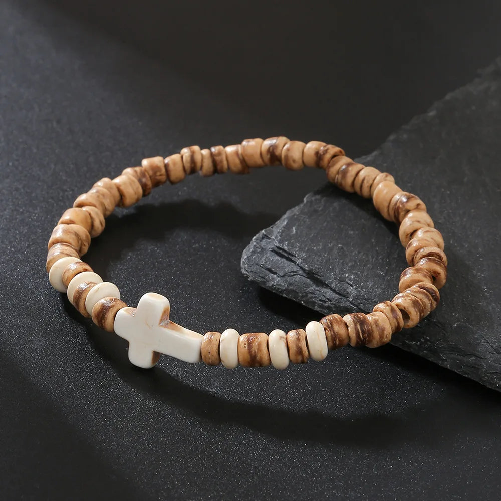 Bohemian Coconut Shell Wood Chips Cross Bracelet For Men Retro Handmade Beaded Jewelry Fashion Accessories Gifts