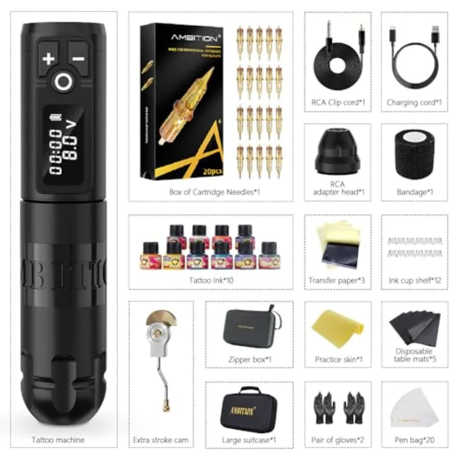 Complete Rotary Wireless Tattoo Pen Gun Kit with 20pcs Glory Tattoo Cartridge Needles and Practice Skin Supplies for Beginners