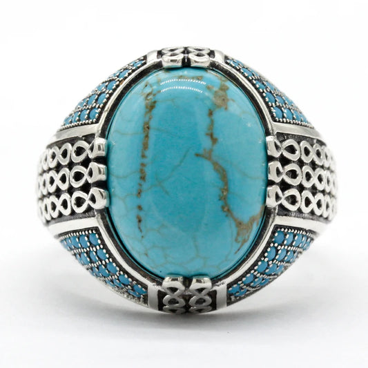Natural Turquoise Stone Ring For Men Solid 925 Silver Male Ring Chains Vintage Party Ring Cool Style Turkey Ring for Women