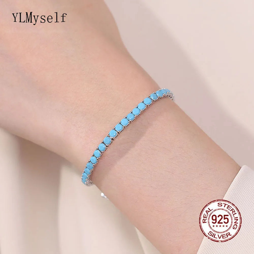925 Sterling Silver Tennis Bracelet – 3mm Turquoise Blue CZ, 15–21cm, Rhodium/Gold Plated, Elegant Unisex Jewelry