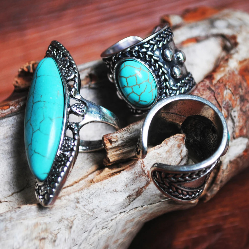 Yumfeel Brand New Tibetan Silver Vintage Turquoise Ring Women 3 Model Choice Finger Ring Jewelry