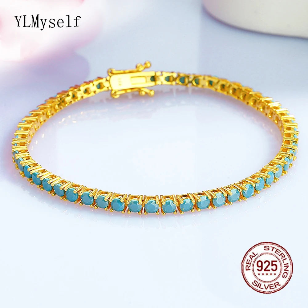 925 Sterling Silver Tennis Bracelet – 3mm Turquoise Blue CZ, 15–21cm, Rhodium/Gold Plated, Elegant Unisex Jewelry
