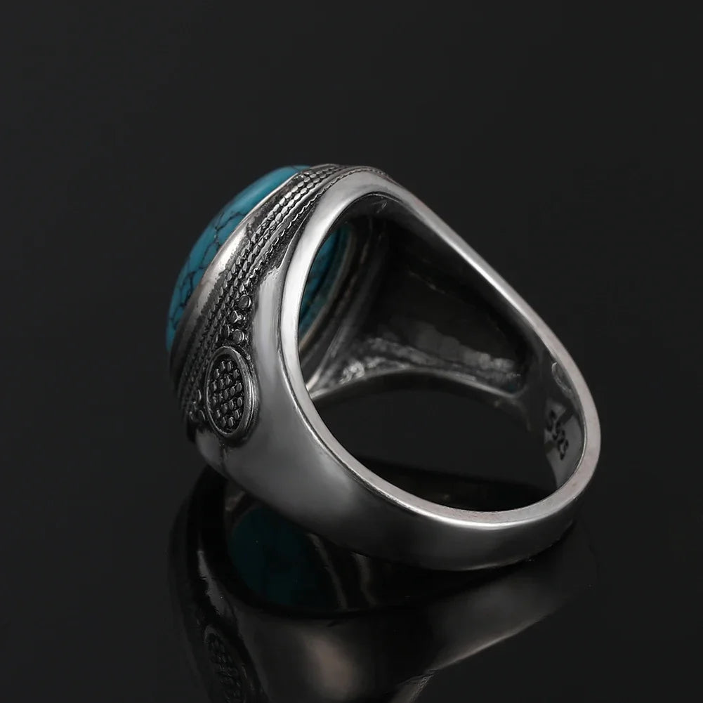 Luxury Vintage S925 Silver Ring 10x14MM Big Oval Natural Turquoise Rings for Women Men Fine Jewelry Party Gift