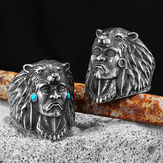 Aborigine Ring 316L Stainless Steel Men Rings Turquoise Vintage Rock for Male Rider Jewelry Halloween Creativity Gift Wholesale