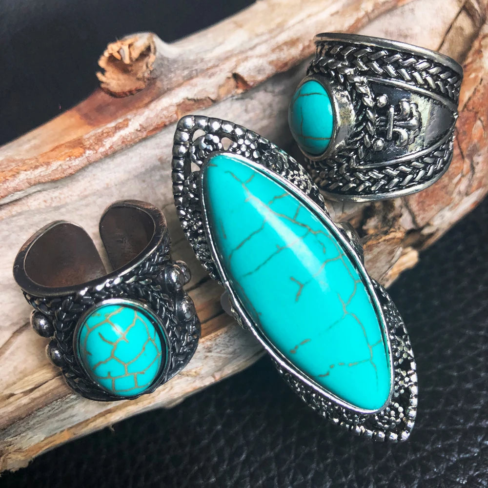 Yumfeel Brand New Tibetan Silver Vintage Turquoise Ring Women 3 Model Choice Finger Ring Jewelry