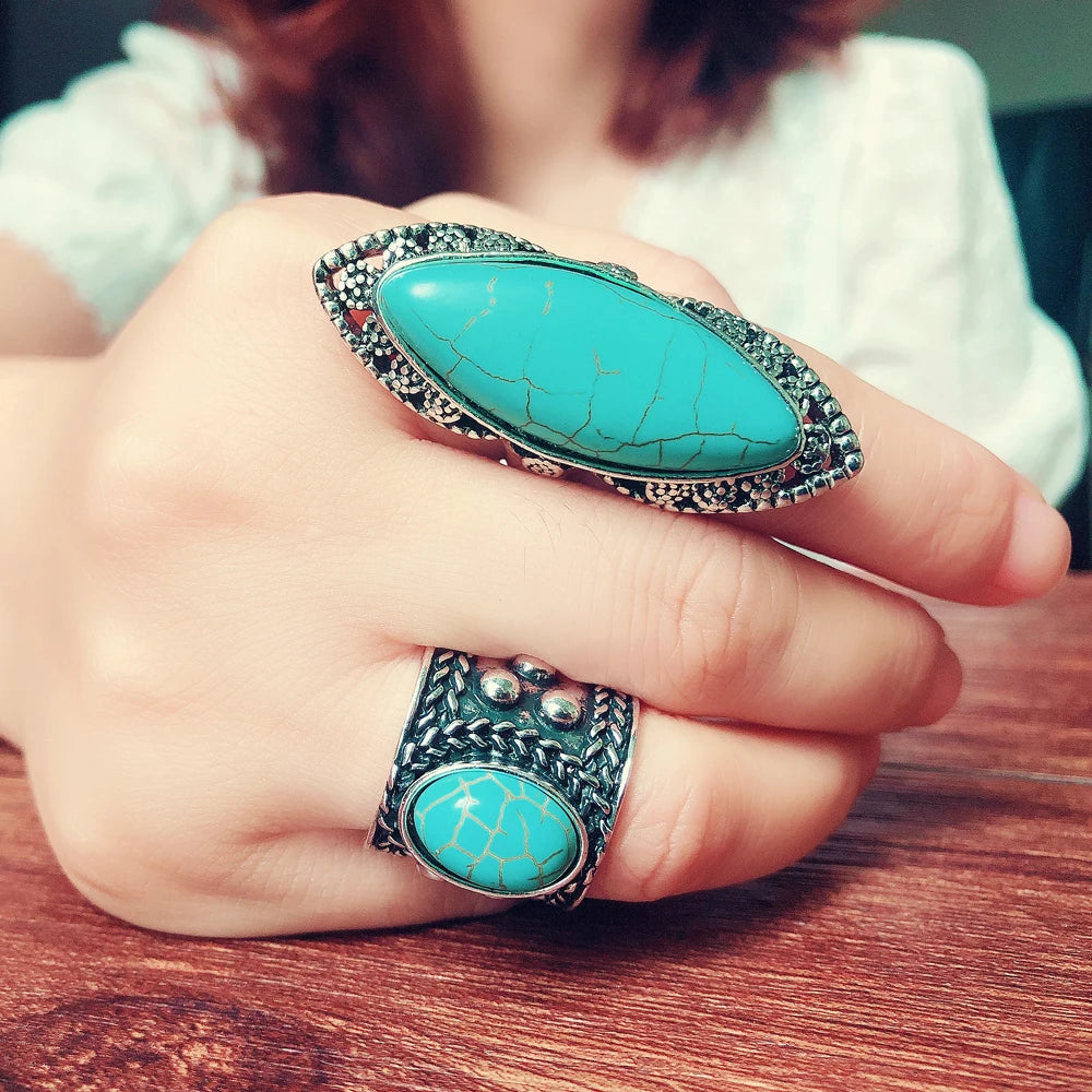 Yumfeel Brand New Tibetan Silver Vintage Turquoise Ring Women 3 Model Choice Finger Ring Jewelry